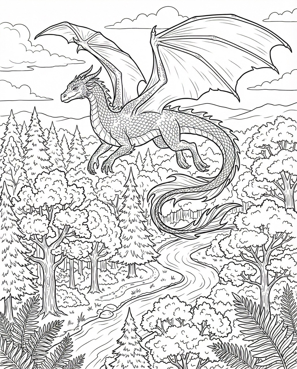 Dragon flying above a forest - Detailed version