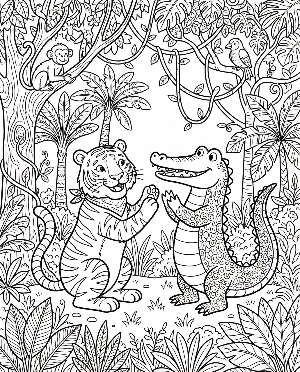 Tiger and alligator playing patty cake - Detailed version