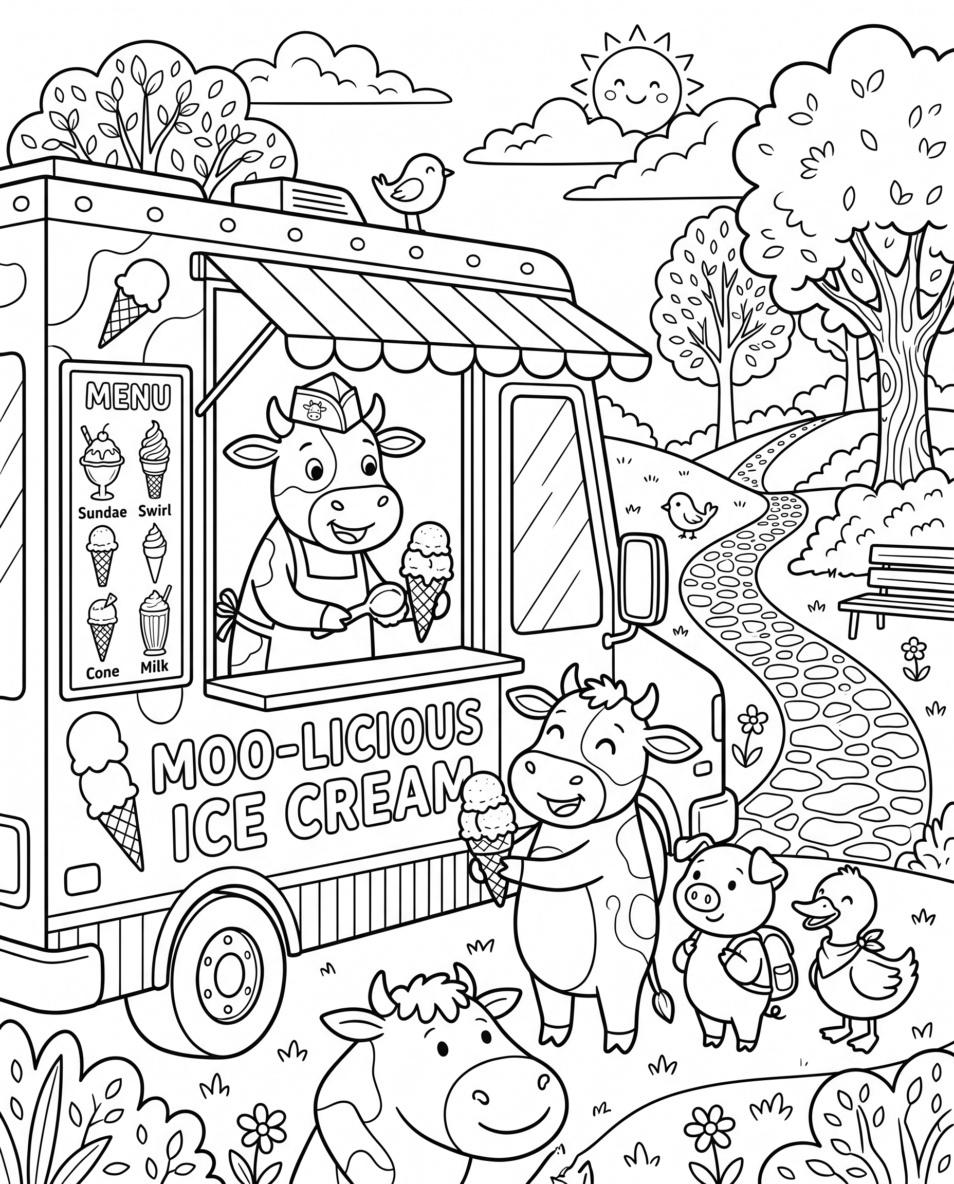 "Cows selling ice cream" coloring page — Detailed age group