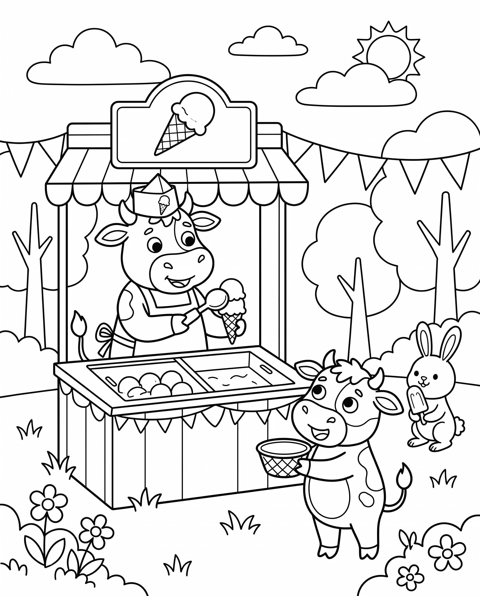 "Cows selling ice cream" coloring page — Medium age group
