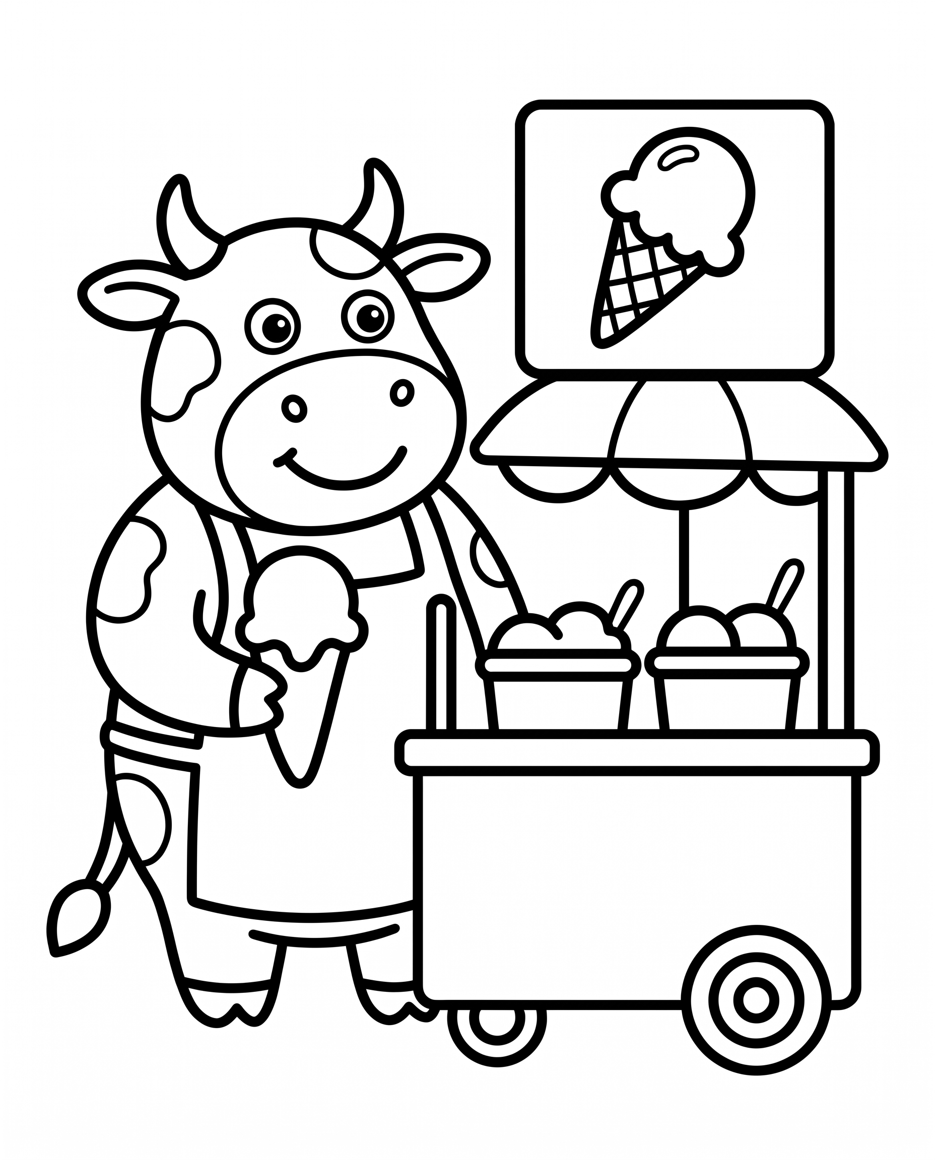 "Cows selling ice cream" coloring page — Simple age group