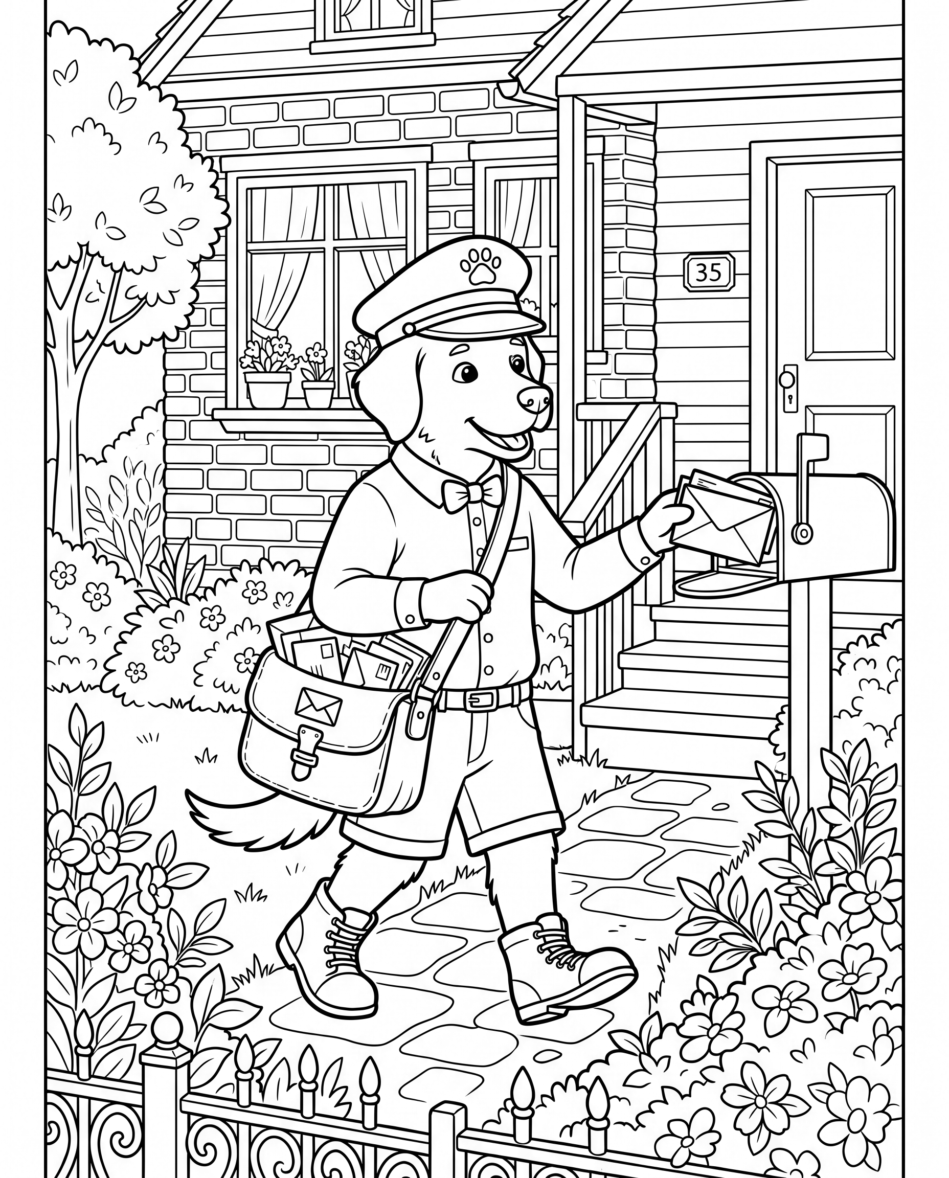 "Dog mailman delivering mail" coloring page — Detailed age group