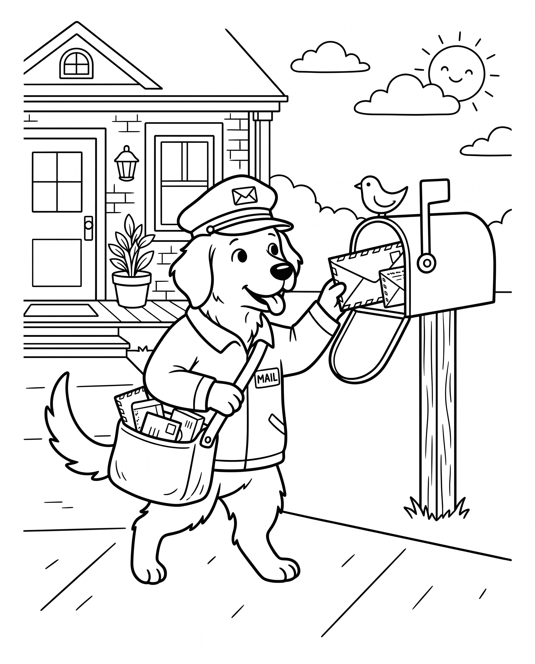 "Dog mailman delivering mail" coloring page — Medium age group