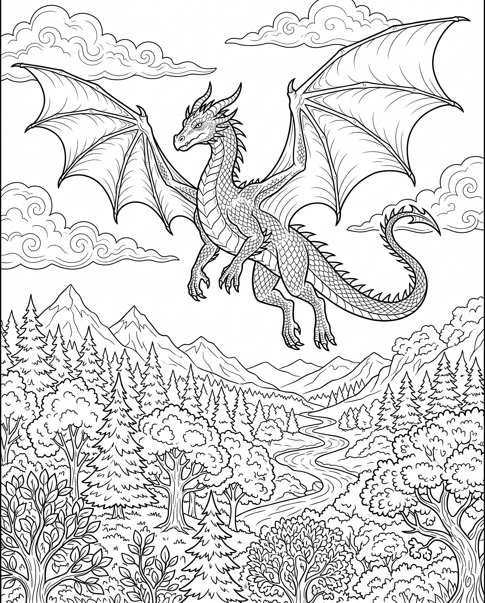 "Dragon flying above a forest" coloring page — Detailed age group