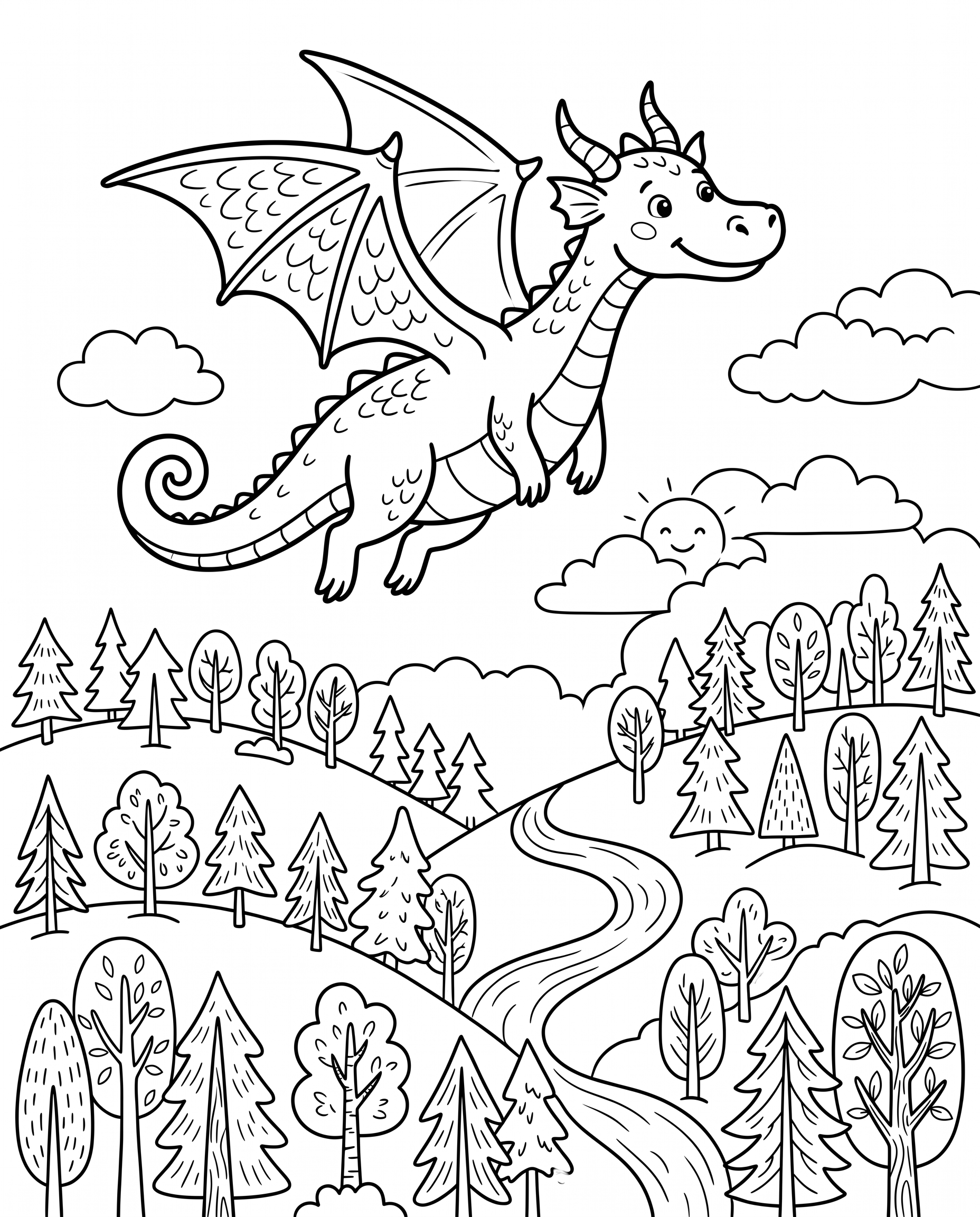 "Dragon flying above a forest" coloring page — Medium age group