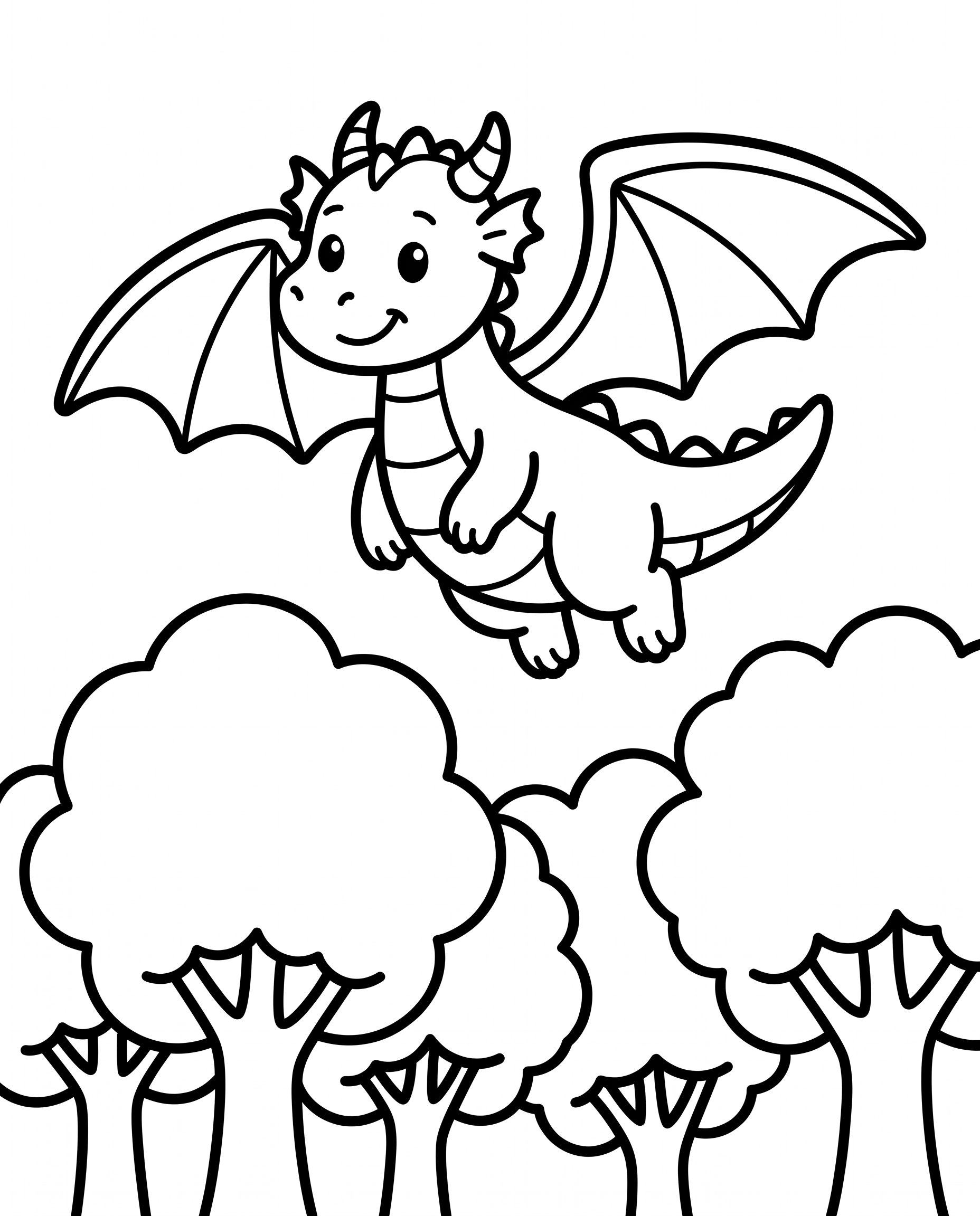 "Dragon flying above a forest" coloring page — Simple age group