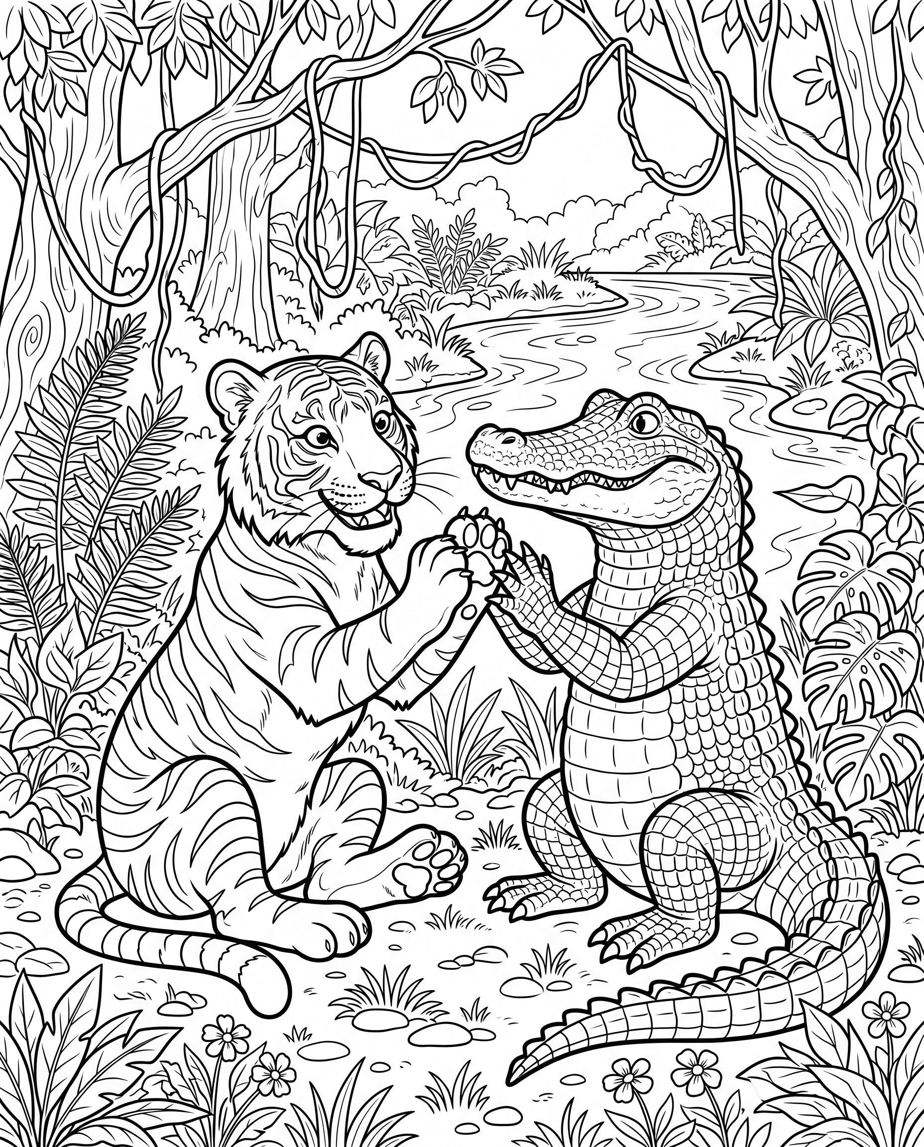 "Tiger and alligator playing patty cake" coloring page — Detailed age group