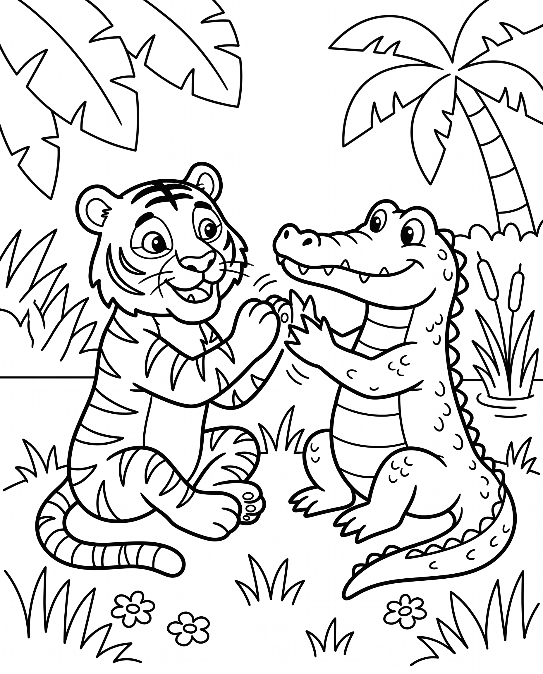 "Tiger and alligator playing patty cake" coloring page — Medium age group