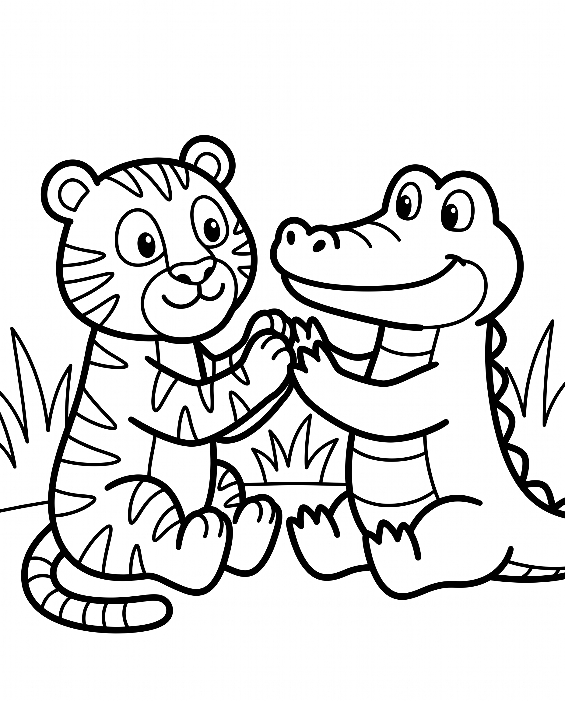 "Tiger and alligator playing patty cake" coloring page — Simple age group